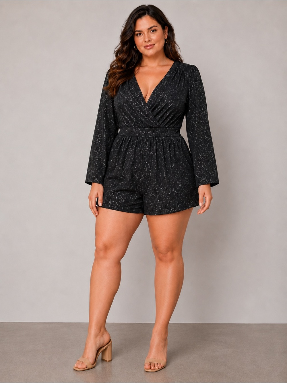 Ashley Stewart Plus Size 22/24 Black Silver Shimmer‎ Romper Open Back Party